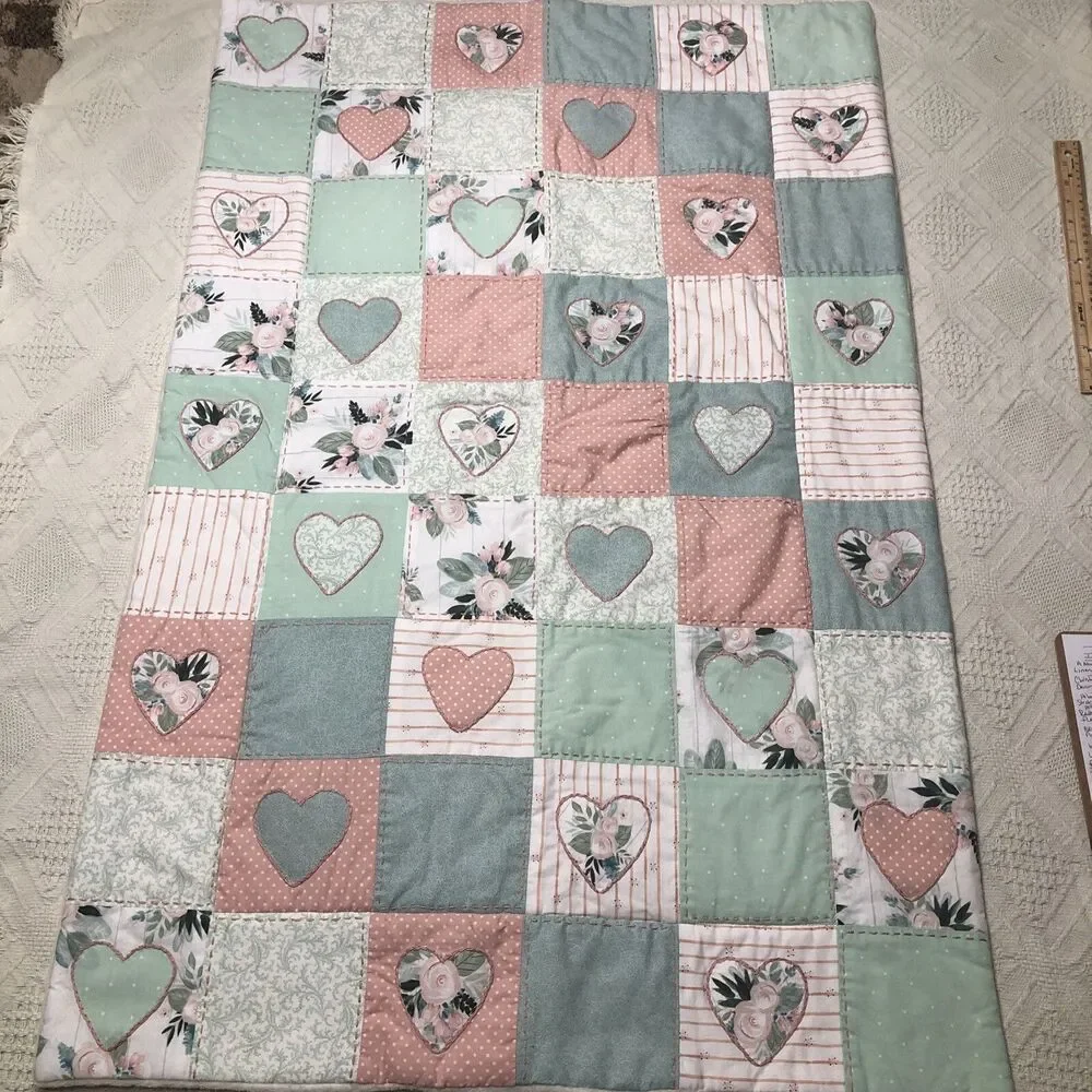 Baby Quilt Girls Pink/green Handmade Patchwork Crib Blanket Hearts / floral